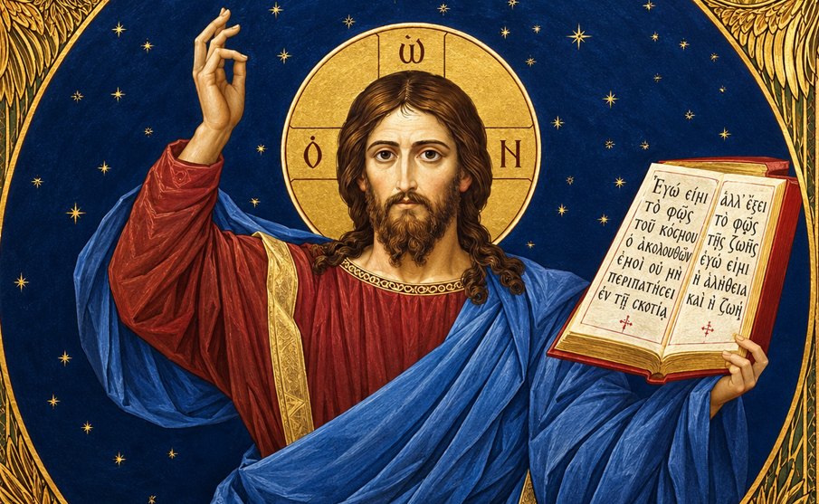 Ícone de Cristo Pantocrator sobre céu estrelado, abençoando e segurando o Evangelho aberto.